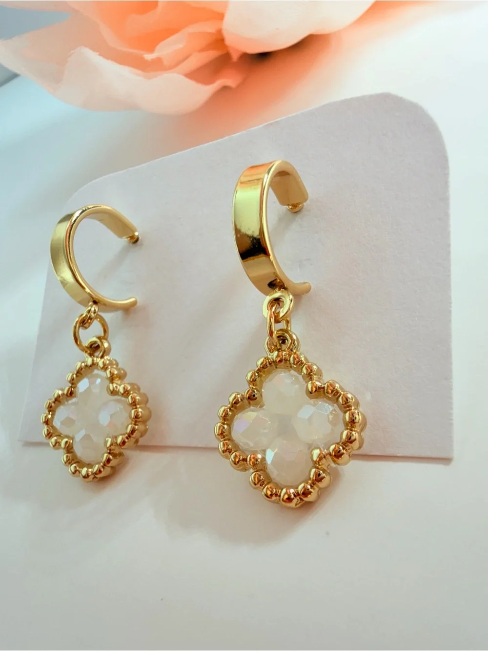 Gold Clover Drop Earrings with Opalescent Stones